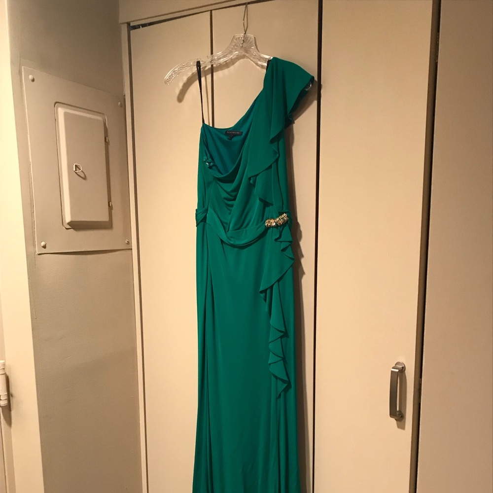 David Meister One-Shoulder Ruffle Gown, Green